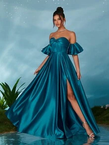 露肩缎面荷叶边袖蝴蝶结褶皱性感高开叉连衣裙，优雅伴娘礼服 - 綠色 - 查看 4