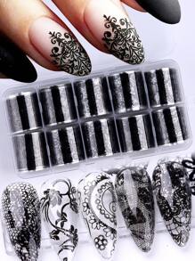 10 rouleaux/boîte Papier transfert de foils de dentelle noire pour ongles. Autocollants d'art pour ongles sexy avec motifs de dentelle et rayures. Décalcomanies pour la décoration des ongles