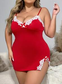 Plus Size Nữ Ren Nơ Phối Ren xẻ tà phía trước Váy xẻ tà viền ren - Đỏ - Xem 4