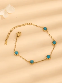 4pcs Vintage Style Elegant Round Turquoise Decor Stainless Steel Necklace, Beaded Bracelet, Pendant Necklace, Earrings 18K Gold Plated Fashion Jewelry Set, Suitable For Daily Wear - Jewelry Set - View 7