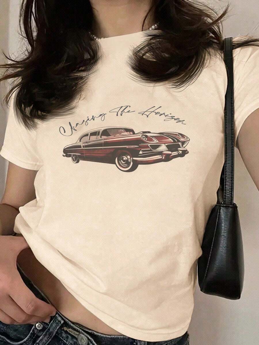 Women's Casual Vintage Red Car Pattern T-Shirt - 杏色 - 查看 1