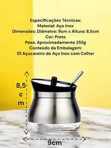 不锈钢和玻璃糖罐带勺豪华系列糖罐带桌盖实用多功能厨房咖啡和茶 - 不銹鋼 不銹鋼和玻璃 - 蓋子和勺子 - 查看 2