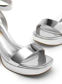 Women Chunky High Heeled Sandals, Adjustable Buckle Decor Ankle Strap Platform Sandals, Glamorous Open Toe Banquet Heeled Sandals, For School Party Prom, Wedding - Silver - View 8