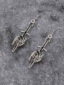 Sword Piercing Heart Earring Set, Vintage Gothic Style Skull Earrings For Halloween - Red - View 7