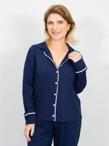 American Women's Long Cotton Pajamas With Buttons Long Sleeve Blouse With Pants Cold Winter Adult Suitable For Pregnant Women Breastfeeding And Post-Surgery - Navy Blue - 藏蓝色 - 查看 5