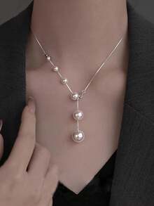 1 件优雅时尚 S925 纯银人造渐变珍珠吊坠 Y 形项链锁骨链高端宴会派对女士母亲节礼物精美珠宝 - 銀色 - 查看 4