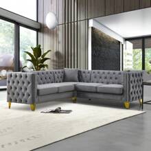Modern L Shaped Sofa Couch Set, Upholstered Sectional Couch With Tufted Back And Rivet Decoration, 5 Seater Corner Sofa With Golden Tapered Legs And 2 Pillows - Grey - View 1