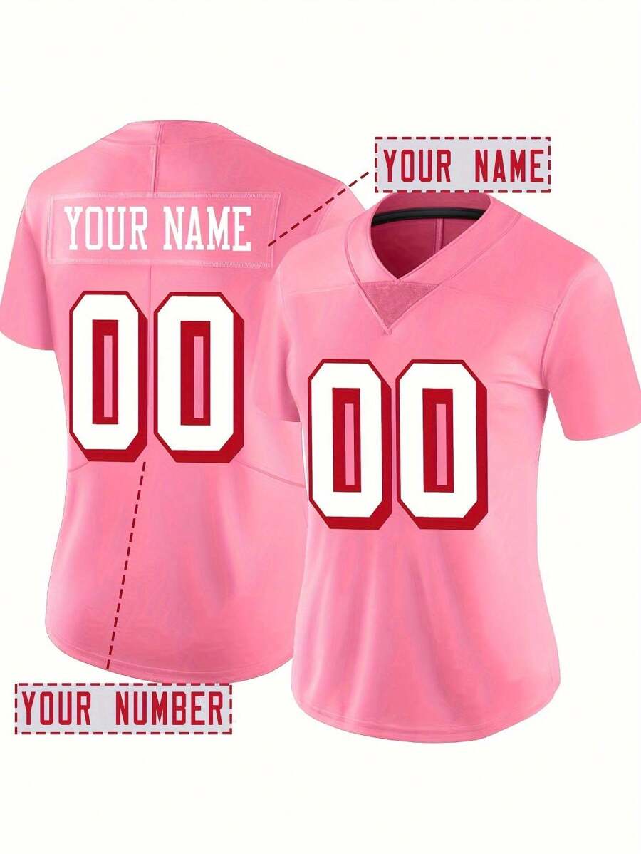 Customized Name And Number Women's Embroidered American Football Jersey San Francisco Pink V-Neck Personalized Short Sleeved Shirt Party Game Training Competition Sports Top DIY S-XXL - Pink - View 1