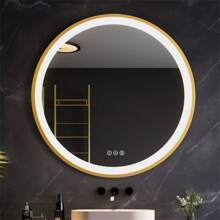 LUVODI LED Bathroom Mirror Round Illuminated Wall Vanity Mirror With Aluminum Alloy Gold Frame Touch Switch Anti-Fog 3 Dimmable Lighting Color - US A Type Plug(110-127V) - View 3