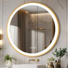 LUVODI LED Bathroom Mirror Round Illuminated Wall Vanity Mirror With Aluminum Alloy Gold Frame Touch Switch Anti-Fog 3 Dimmable Lighting Color - US A Type Plug(110-127V) - View 2