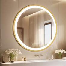LUVODI LED Bathroom Mirror Round Illuminated Wall Vanity Mirror With Aluminum Alloy Gold Frame Touch Switch Anti-Fog 3 Dimmable Lighting Color - US A Type Plug(110-127V) - View 4