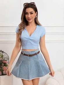 Camiseta Corta Textura De Cuello Profundo Con Plisado Para Mujer,Tops De Manga Corta Ajustado Con Escote En V Profundo - Azul - Ver 4