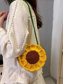 可爱向日葵小包用针织纱，简单自制钩针女士十字单肩包，新款，清新文艺女孩，时尚花朵单肩包 - 黃色 - 查看 2