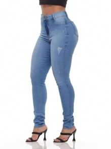 Women's Super Skinny Jeans With High Elasticity Spandex - 深色水洗藍 - 查看 1