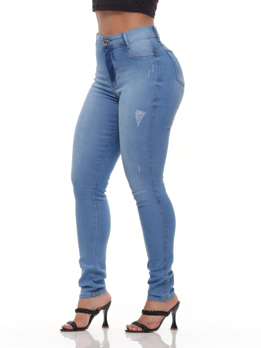 Women's Super Skinny Jeans With High Elasticity Spandex - 深色水洗藍 - 查看 1