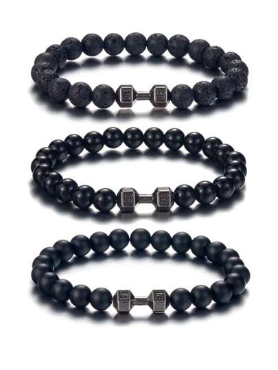 1 pieza Pulsera de hombre y pareja con cuenta de roca volcánica natural mate negra y pesa tipo mancuerna de metal