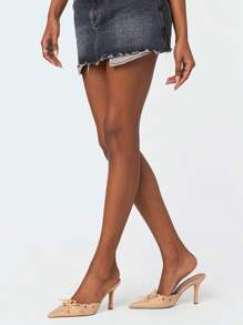 High Heeled Mules For Women Slip On Pointy Bow Heels Suede Dress Kitten Pumps Backless Wedding Shoes - Màu be - Xem 4