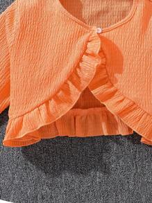 2pcs Tween Girl Floral Print Long Sleeve Cardigan And Sleeveless Dress Set, Spring/Autumn - Orange - View 5