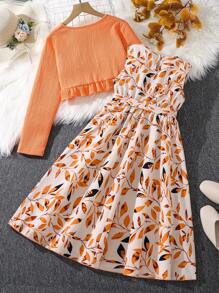 2pcs Tween Girl Floral Print Long Sleeve Cardigan And Sleeveless Dress Set, Spring/Autumn - Orange - View 2