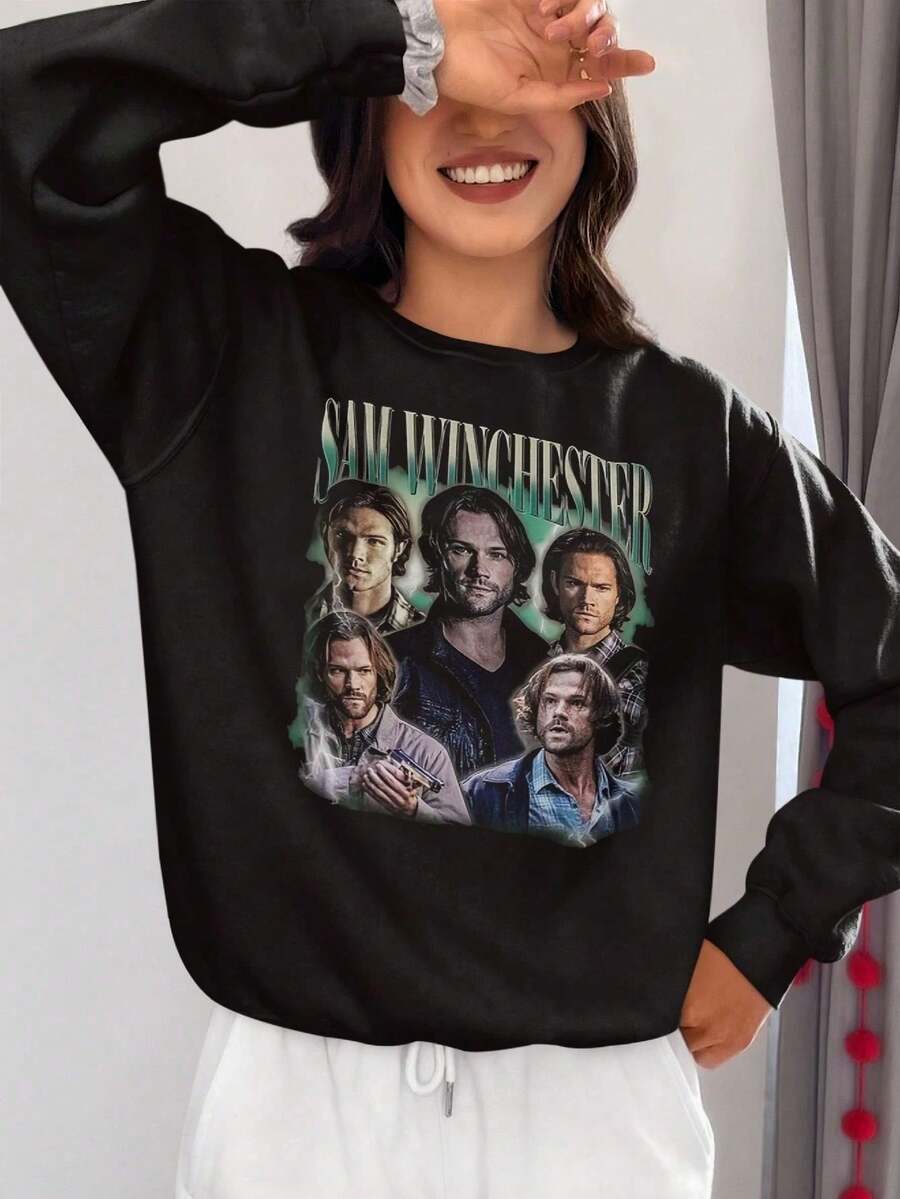 Sam Winchester Classic Series Round Neck Sweatshirt Blouse Full Print. - 黑色 - 查看 1
