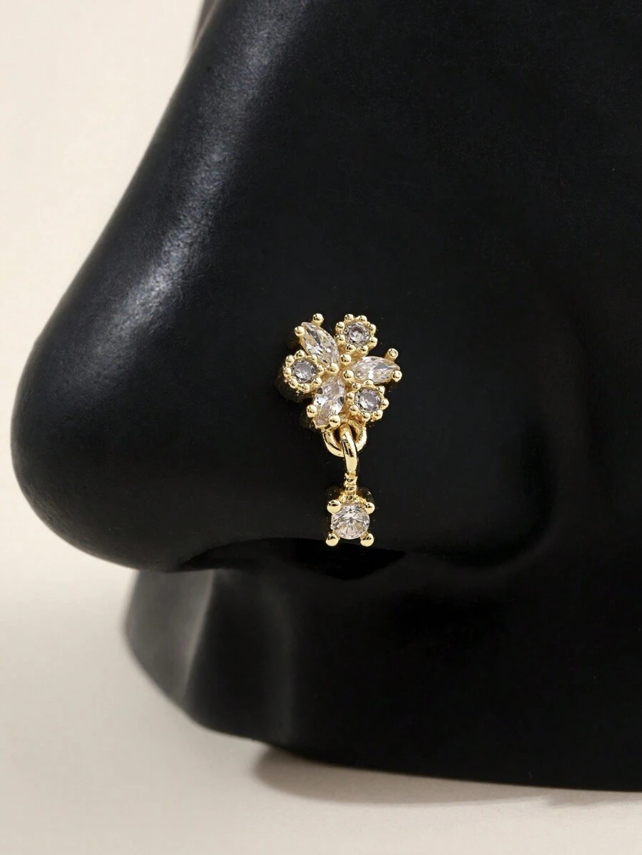 1 pieza Anillo de nariz con forma de L de color dorado con flor adornada con circonita cúbica, Regalo para San Valentín, Mamá, Madre, Día de la Madre - Multicolor - Ver 1