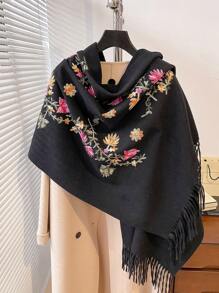 1 件女士仿羊绒花卉刺绣围巾，加厚保暖波西米亚风格流苏刺绣旅行披肩配饰女士冬秋 - 彩色 - 查看 12