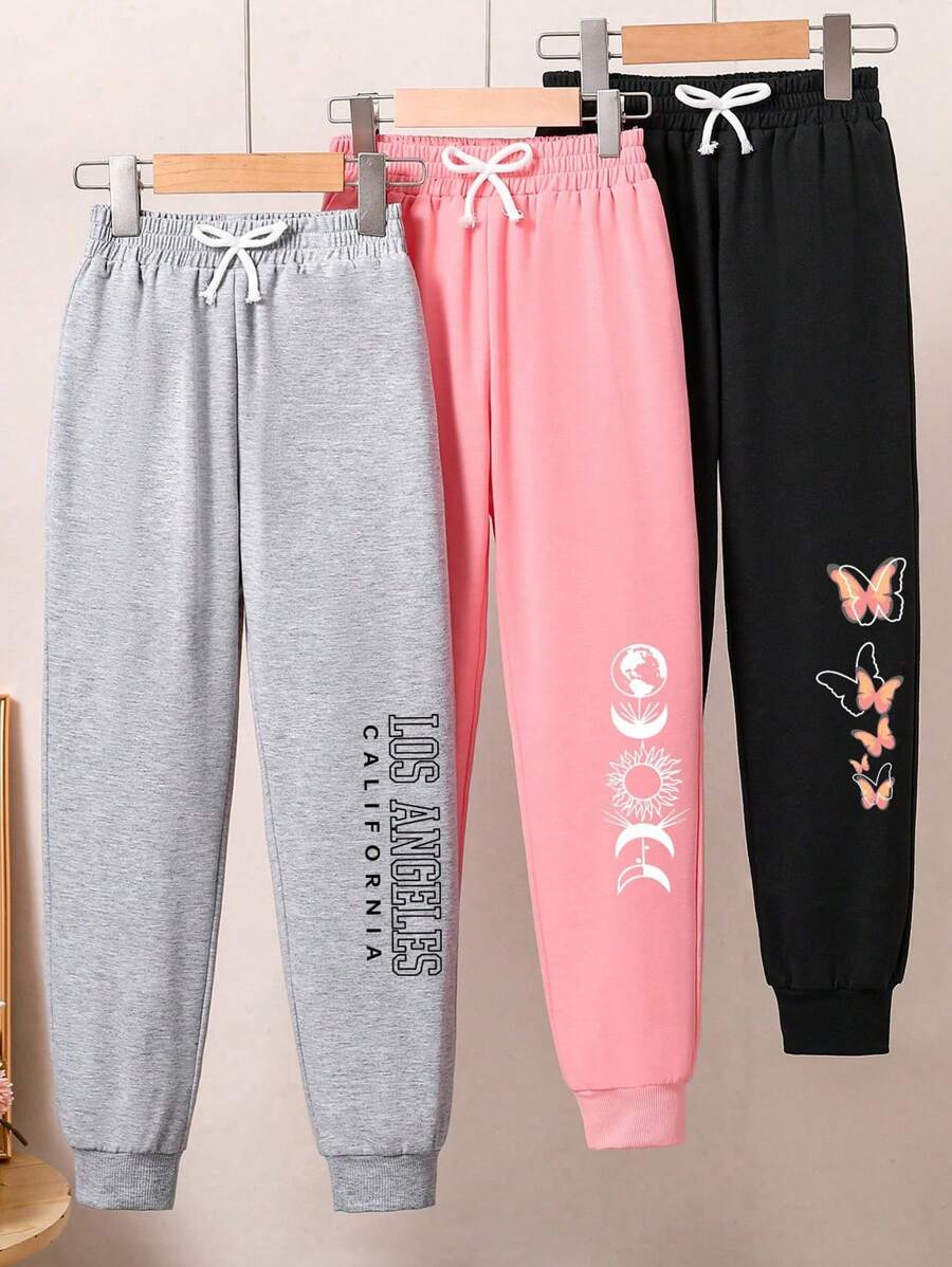 3pcs/Set Tween Girls Letter & Butterfly Print Activewear Sweatpants - Multicolor - View 1
