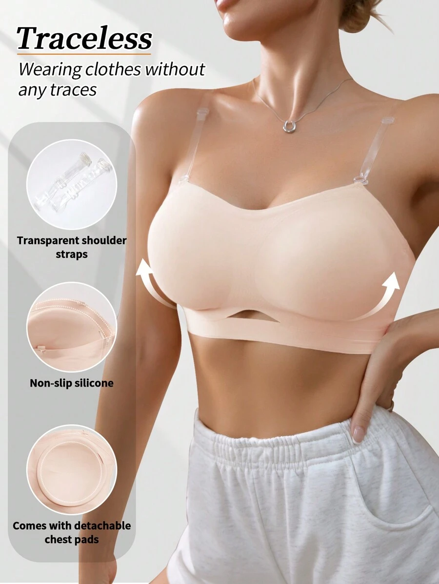 女士无缝无钢圈聚拢文胸，轻盈柔软内衣，内衣 - 淺粉色 - 查看 1