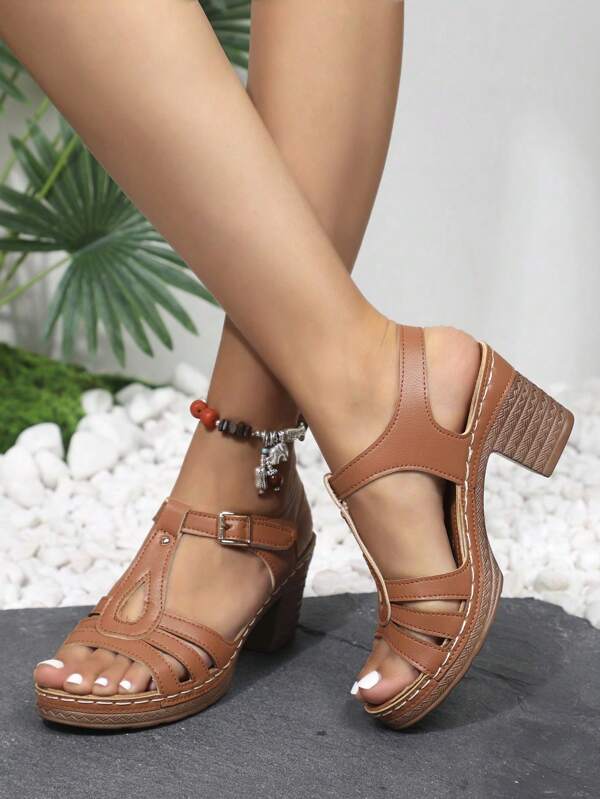 Women's Summer New Khaki High/Mid Heel Thick Bottom Sandals With Buckle Strap, Korean Style Versatile Wedge Heel Roman Peep-Toe Stitching Design, Lightweight Comfortable Durable Plus Size European American
