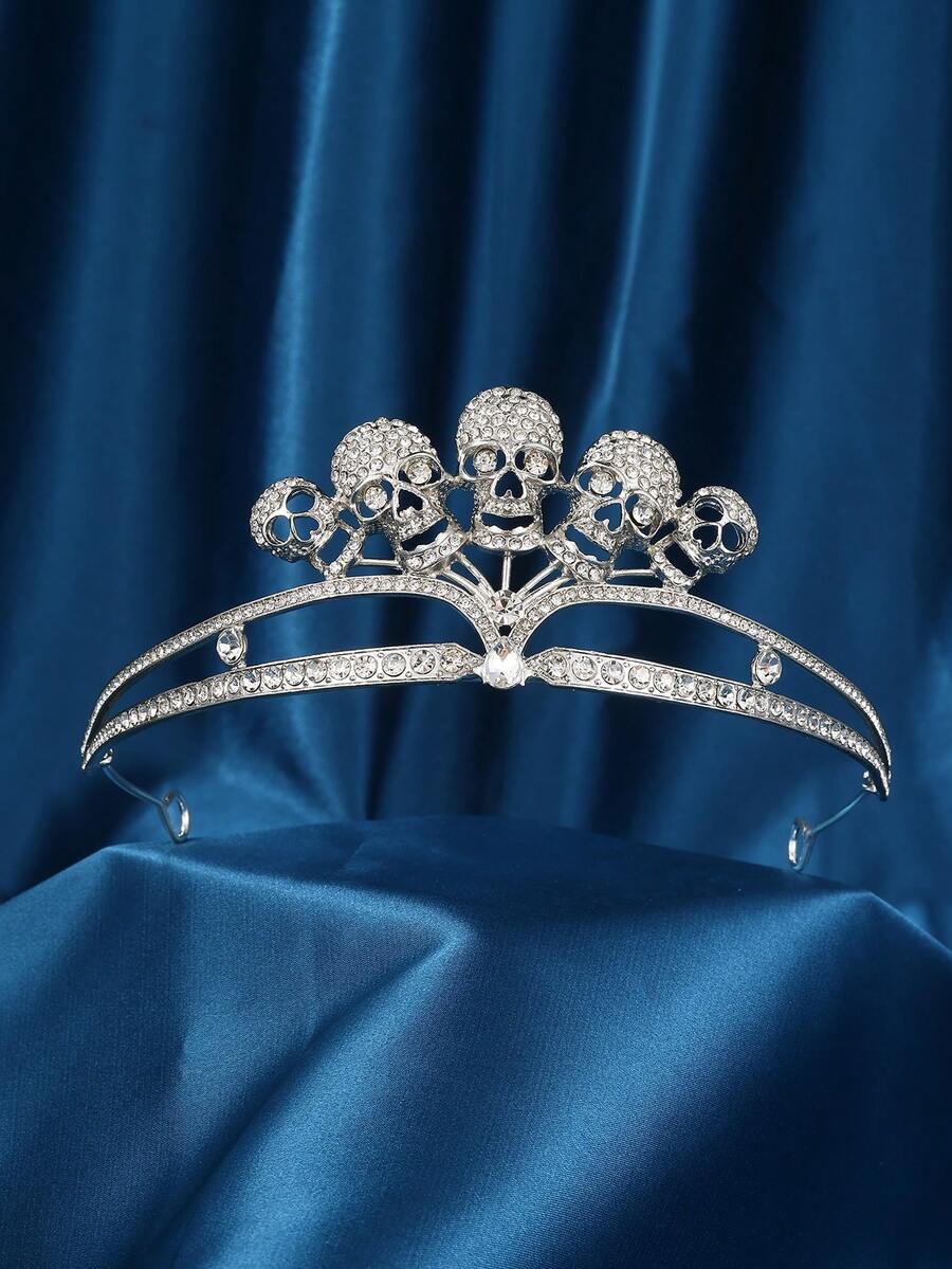 1pc Gothic Skull Crown Headpiece, Silver Skeleton Crown Accessory For Halloween, Masquerade Party - Silver - View 1