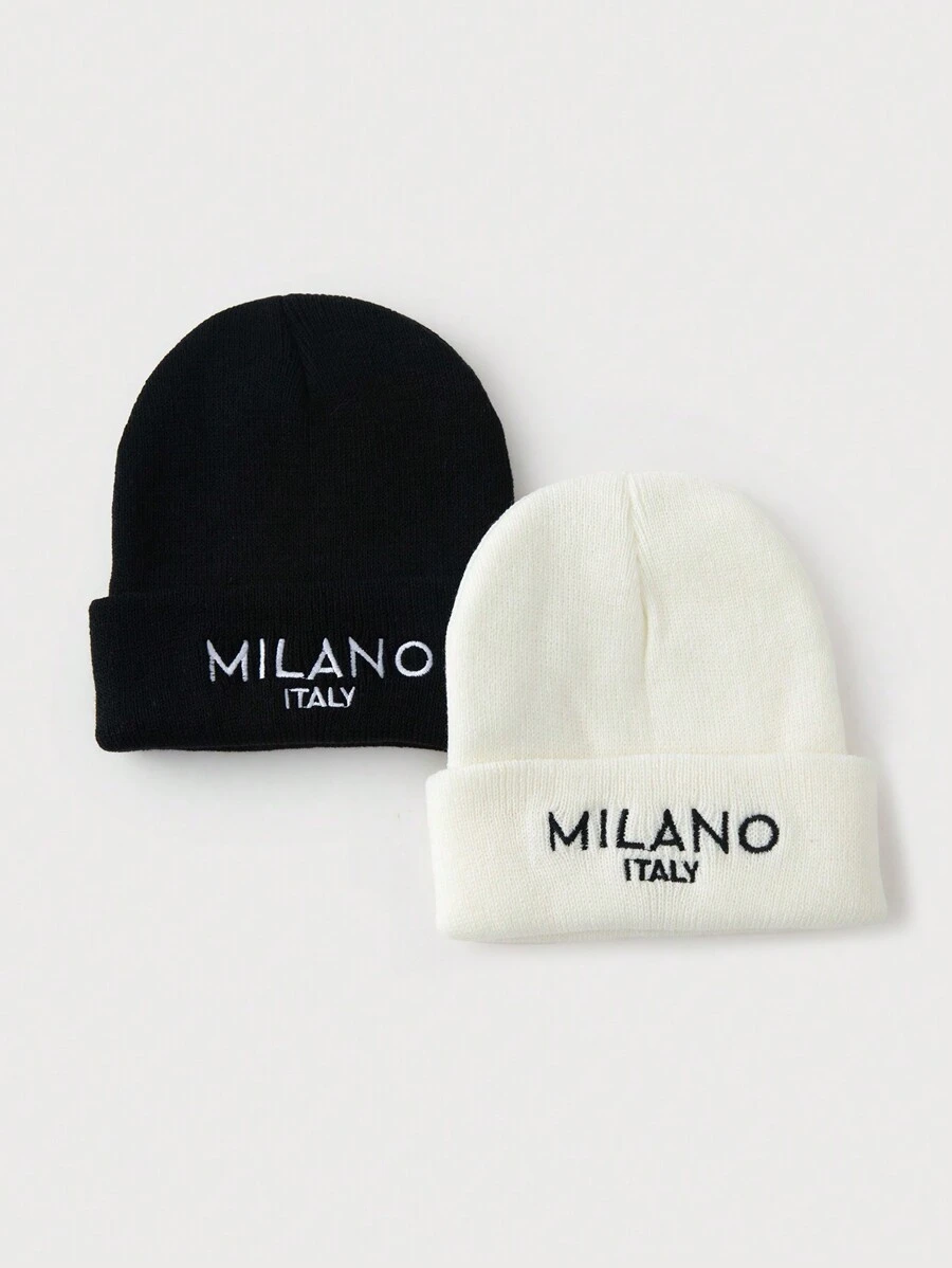 1pc Or 2pcs Men's Black & White Letter Embroidery "MILANO ITALY" Knit Beanie Caps, Warm Winter Daily Wear Fall Outfit - Multicolor - View 1