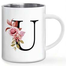 1PC, Letter Flower Print A-Z Double Wall Coffee Mug, Stainless Steel Cups, Novelty Metal Coffee Mug Gifts For Men, Monogrammed Gifts For Women, Christmas Gifts, Birthday Gift, 11 OZ White Back To School - Multicolor - View 21