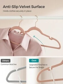 SONGMICS 50 Pack Coat Hangers, Velvet Hangers, Non-Slip Clothes Hangers, With Shoulder Notches, Trouser Bar, 360° Swivel Hook, Space-Saving, 16.9-Inch Long, For Closet, White,Black, Purple, Pink,Gray,Dovee Gray,Sand Beige,Pale Blue Forest Green,Spring,Minimalist,Summer Tops - 粉色 - 查看 4