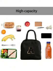 1个保温午餐包，手提袋，午餐盒，冰袋，野餐食品手提袋，刺绣字母图案午餐盒，帆布轻便便携午餐收纳袋，学校办公室野餐午餐手提袋（黑色），午餐盒午餐包，女士教师露营返校保冷包，教室便当厨房保温午餐包，女士旅行午餐盒包，女士学习用品配件 - 黑色 - 查看 4