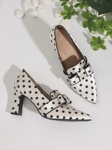 Hoge hak puntige instapper start-en landingsbaan Polka Dot diepe mond dikke hak schoenen, zwart-witte kleurstelling, outdoor Mary Jane pumps