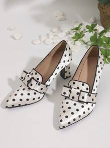 Hoge hak puntige instapper start-en landingsbaan Polka Dot diepe mond dikke hak schoenen, zwart-witte kleurstelling, outdoor Mary Jane pumps