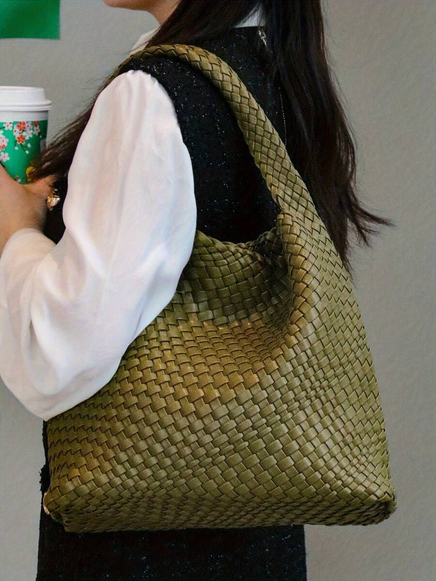 新款时尚潮流小众设计编织手提包，水桶包，单肩包，腋下包，极简复古风包包，适合办公室工作，通勤，白领，手提包，学生包，可爱多巴胺彩色系列 - 橄欖綠 - 查看 1