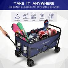 Collapsible Wagon Cart,Foldable Beach Wagon, Folding Wagon For Sand.Utility Cart For Yard/Sports.220lb Heavy Duty W/Cupholders & Big DIY Wheels (Black) - 4-wide-wheel Dark Blue - View 6