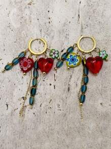 Flower & Heart-Shaped Random Color Crystal Earrings, Fashionable Colorful Tassel Drop Earrings, Versatile Elegant Earplugs Valentines - Gold - View 1