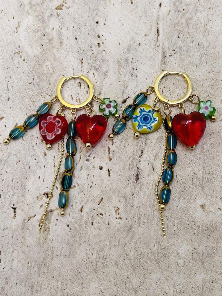 Flower & Heart-Shaped Random Color Crystal Earrings, Fashionable Colorful Tassel Drop Earrings, Versatile Elegant Earplugs Valentines - Gold - View 1