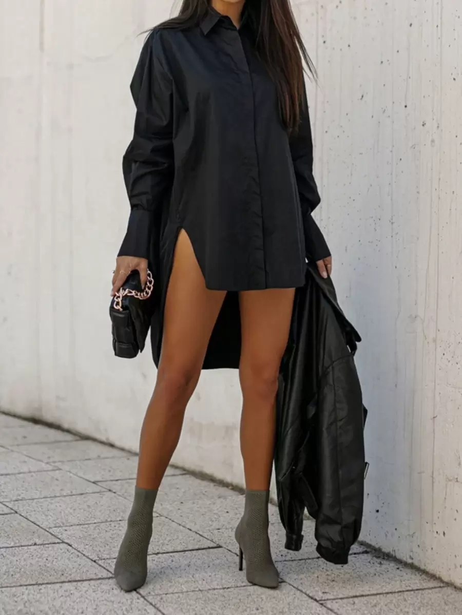 Camisa casual de manga larga con botones de unicolor de primavera/otoño para mujer, bajo alto