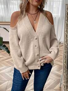 Suéter de manga larga casual para mujer, de tela de punto suave, diseño de hombros caídos semi transparente, lavar a mano, otoño e invierno