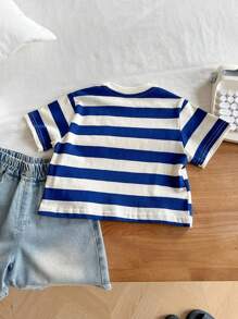 Soft & Cozy  Young Boys Wide Striped Short Sleeve T-Shirt - Blue and White - View 6