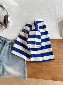 Soft & Cozy  Young Boys Wide Striped Short Sleeve T-Shirt - Blue and White - View 5