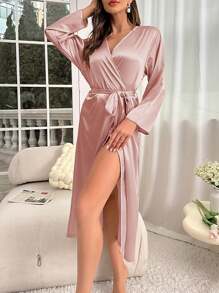 1pc Elegant Ladies Soft Silk Sleepwear Loose Long Sleeve Robe, Breathable For Home Use In Spring And Summer - Pink - View 4