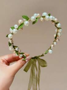 1pc Adjustable Girls Pearl Flower Headband With Ribbon, Multipurpose For Party, Performance, Birthday, School, Photo Shoot - One Size Fits All - View 11