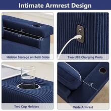 86.5″ Oversized Loveseat Sofa Couch, Deep Seat Sofa With Storage, Cup Holders & USB Charging Ports, Modern Corduroy 3 Seater Couch For Living Room Bedroom Apartment Small Space - Màu xanh lam - Xem 3