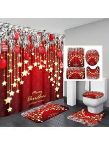 1 Stück/4 Stücke Weihnachts Multifunktions Badezimmer Dekor Set: Wasserdichter Duschvorhang mit 12 Haken, rutschfeste Badematte, U-förmige Toilettenvorlage und runde Toilettendeckel, Badezimmer Accessoires Herbst Dekoration Rückkehr zur Schule