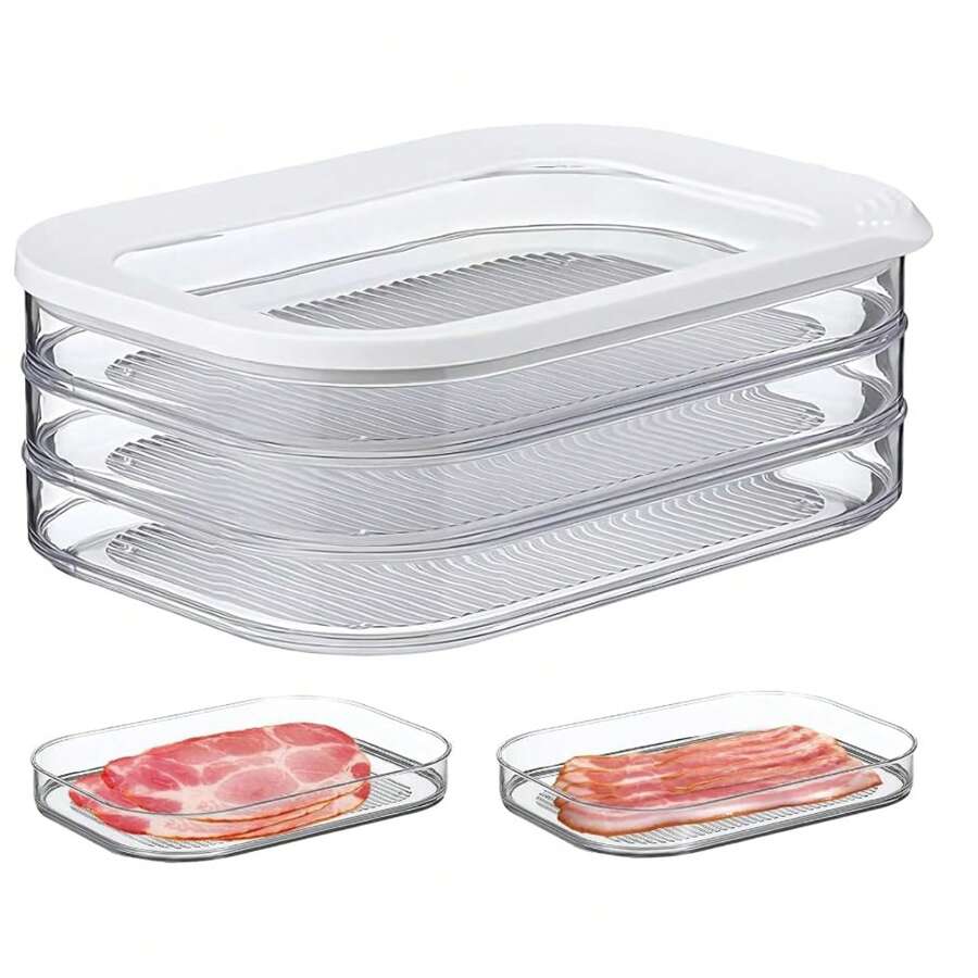 1Set 3-Layer  Meat Container For Fridge, Bacon Lunch Meat Container For Refrigerator, Meal Prep Containers, Stackable Food Storage Boxes With Lid - Trong sáng - Xem 1