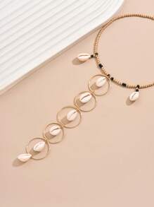 1pc Metallic Golden Ocean Theme Sea Creature & Shell Exaggerated Y-Necklace - Multicolor - View 3